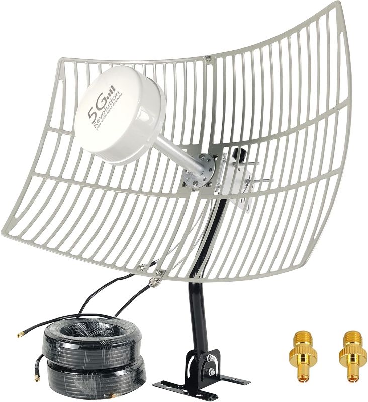 Photo 1 of 5G MIMO Antenna 4G LTE Outdoor 2x2 MIMO Parabolic Antennas Directional WiFi Antenna Long Range for 5G 4G LTE WiFi Hotspot Modem Router 698-6000MHz 30dBi with SMA TS9 Cable Pole(Full kit)