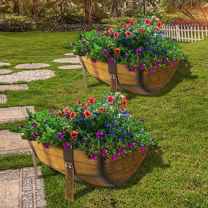 Photo 1 of 2 Pack Rustic Barrel Planters, Metal Flower Pot Half Barrel Planter Box, 16.3x12.2x6.3 Inches Decorative Outdoor Garden Backyard Planter with Legs