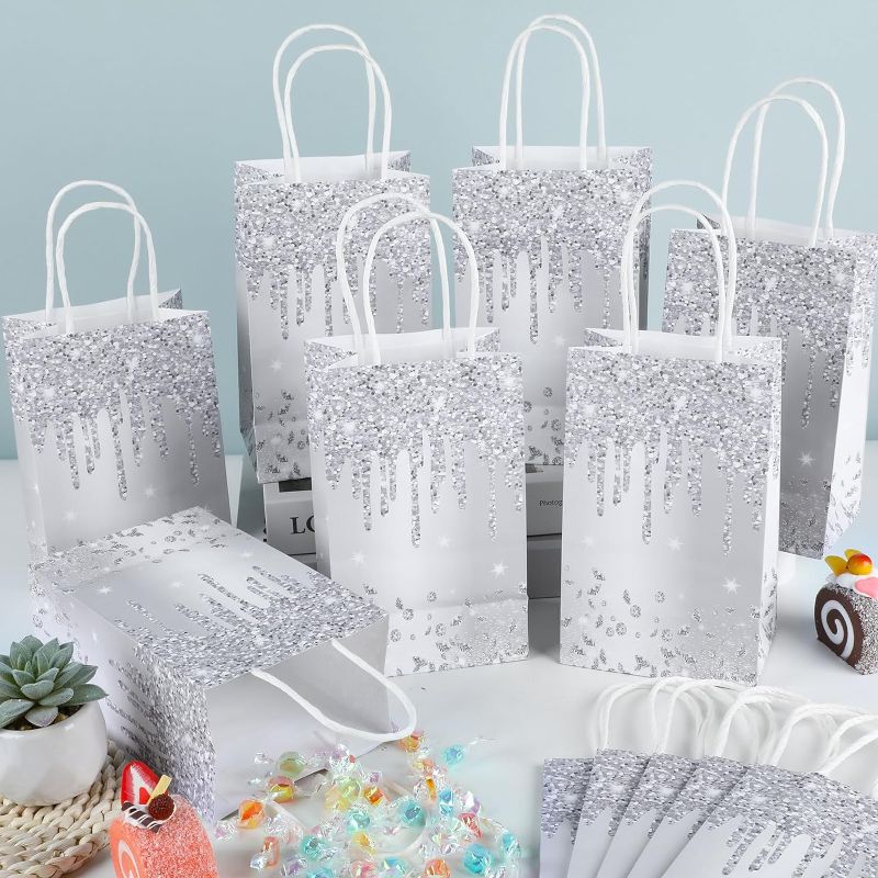 Photo 1 of 12Pcs Silver Glitter Gift Bags Glitter Diamond Goodie Bag Happy Birthday Treat Bag Diamond Silver Candy Bags Supply for Wedding Bridal Baby Shower Holiday Party Favors Decoration