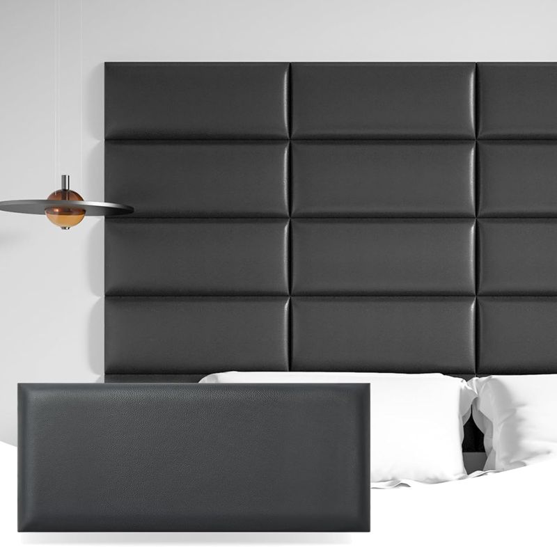 Photo 1 of Art3d Peel and Stick Headboard for Queen and King in Black, Pack of 9 Panels Sized 9.84" x 23.62", 3D Soundproof Wall Panels, Upholstered Wall Panel
