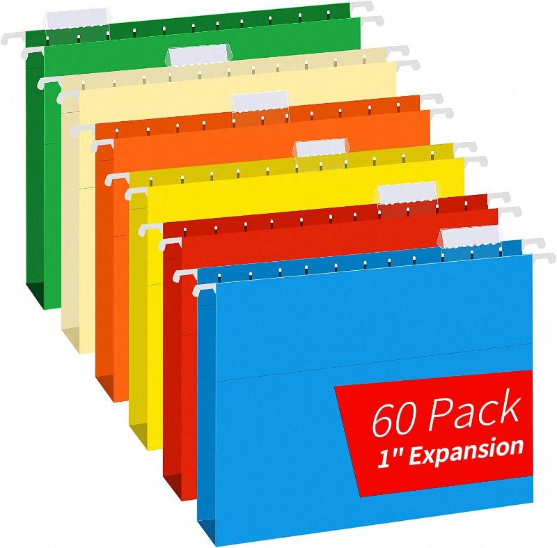 Photo 1 of Extra Capacity Hanging File Folders, RAZCC 60 Pack Letter Size Reinforced Hanging Folders with Heavy Duty 1 Inch Expansion for Bulky Files, Filing Cabinet, Adjustable Tabs, 6 Assorted colors