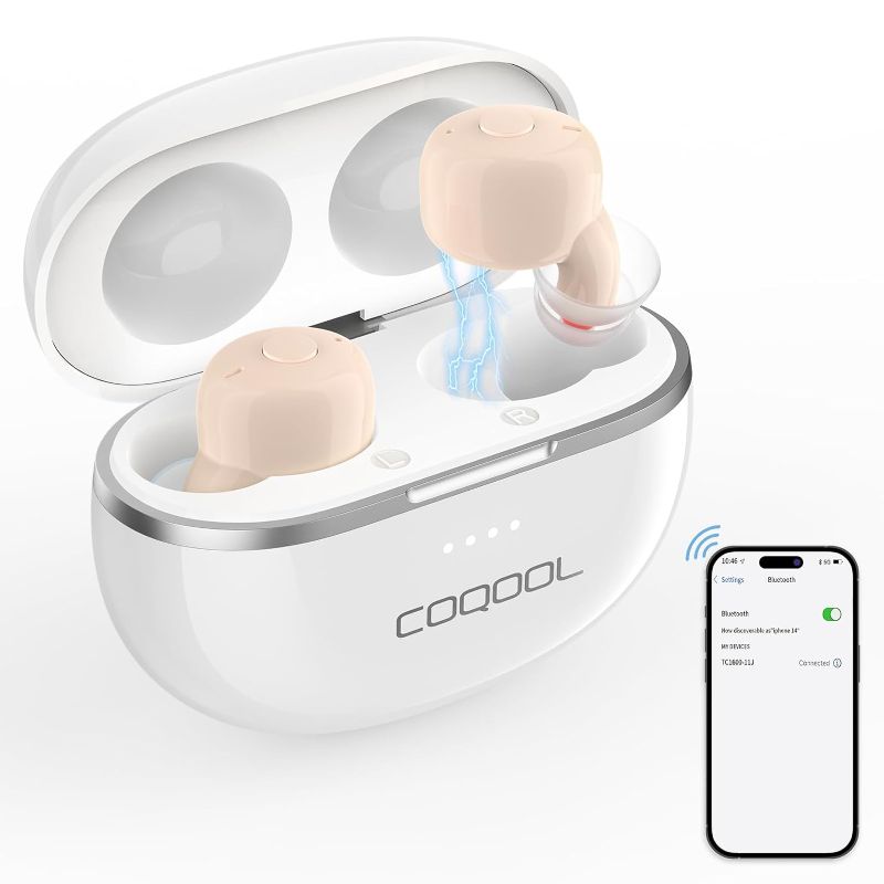 Photo 1 of COQOOL Hearing Aids for Seniors, Bluetooth & Rechargeable Hearing Amplifier with Noise Cancelling, 16-Channels Invisible In-Ear Hearing Assist Devices w/Charging Case