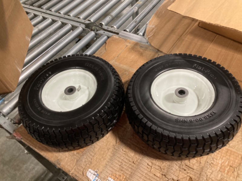 Photo 3 of 2-Pack 13x5.00-6 Flat-Free Tire with Rim,3"Centered Hub with 3/4" Bushings, w/Grease Fitting?400lbs Capacity,13x5-6 No-Flat Solid Rubber Turf Wheel, for Riding Lawn mower, Garden Cart, Wheelbarrow