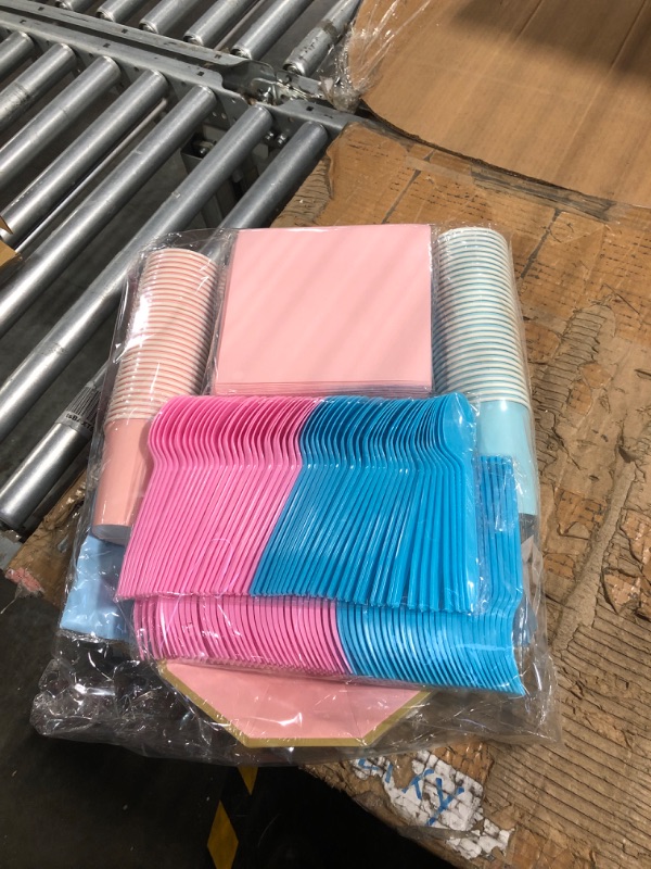 Photo 1 of 462 PCS Baby Gender Reveal Party Supplies Gender Reveal Plastic Dinnerware Includes Blue and Pink Paper Plates Serve for 60 Guest Cups Napkins Plastic Spoons Forks Knives(Blue, Pink)
