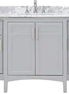 Photo 1 of ***SINK IS CRACKED ON BACK ON BOTH SIDES*** 

Home Decorators Collection Sassy 36in. W x 22 in. D x 34 in. H Single Sink Bath Vanity in Dove Gray with Carrara Marble Top