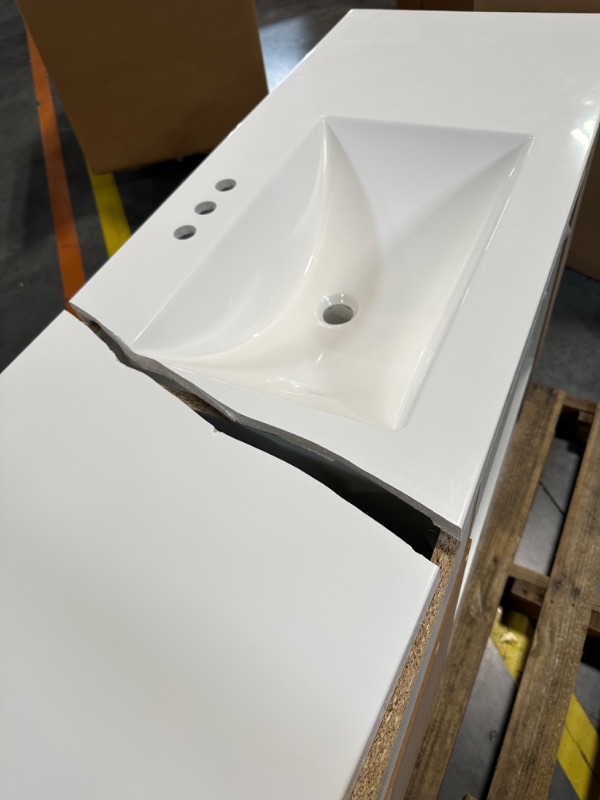 Photo 3 of *VIEW PICTURES*Lancaster 48 in. W x 19 in. D x 33 in. H Single Sink Freestanding Bath Vanity in White with White Cultured Marble Top **hardware/handles not included--- Countertop broken**
