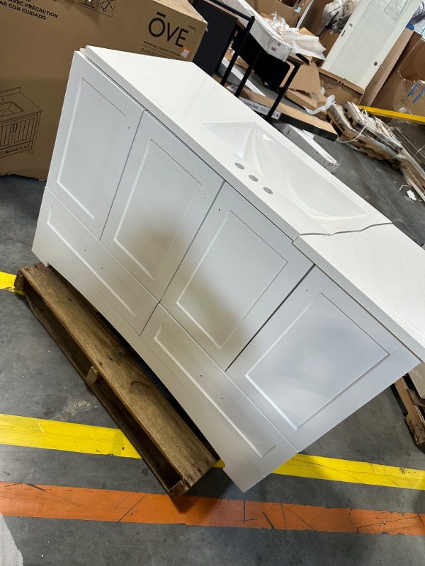 Photo 2 of *VIEW PICTURES*Lancaster 48 in. W x 19 in. D x 33 in. H Single Sink Freestanding Bath Vanity in White with White Cultured Marble Top **hardware/handles not included--- Countertop broken**
