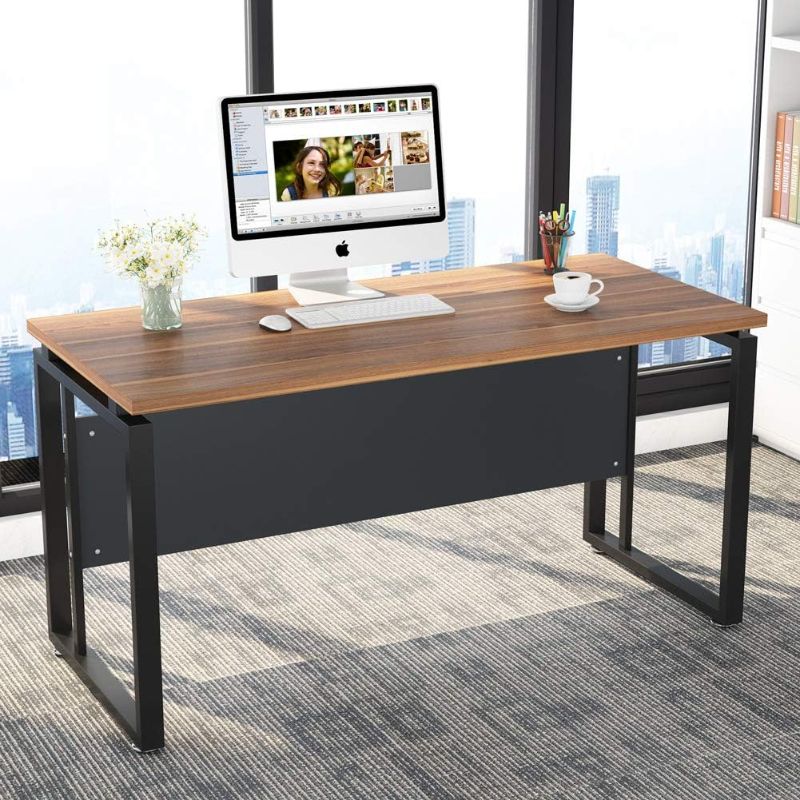 Photo 1 of LITTLE TREE 55 inches Computer Desk, Home Office Desk Writing Table for Workstation with Clean Design,Dark Walnut + Steel Leg
