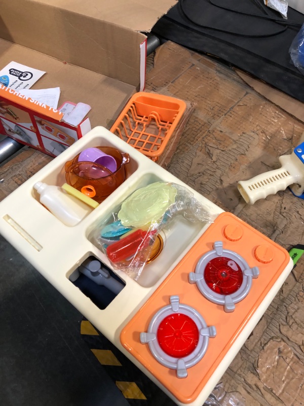 Photo 1 of CUTE STONE Pretend Play Kitchen Sink Toys with Play Cooking Stove, Pot and Pan with Spray Realistic Light and Sound, Dish Rack & Play Cutting Food, Utensils Tableware Accessories for Kids Toddlers
