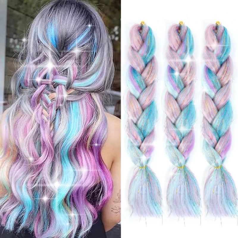 Photo 1 of Kanekalon Upgraded Ombre Braiding Hair with Hair Extension Tinsel Mashup, Colorful Synthetic Braiding 3 Tone for Women Girls Hair Accessories 24 Inch