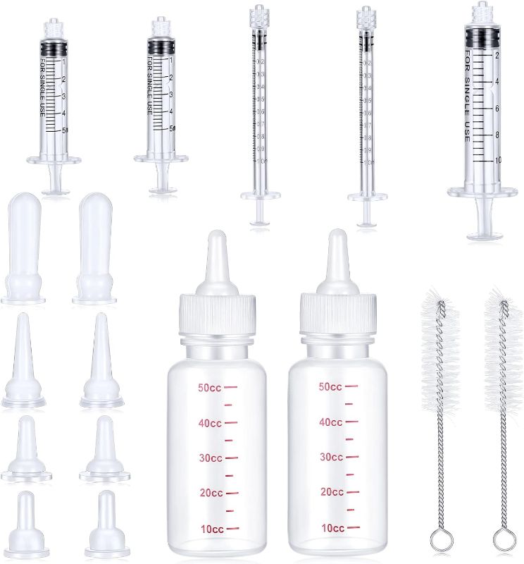 Photo 1 of 17 Pieces Pet Nursing Bottle Kit Including 2 Pet Feeding Bottle, 8 Replacement Pet Feeding Nipples, 5 Dog Nursing Syringes in 1 Ml, 5 ml and 10 Ml, 2 Cleaning Brushes for Kittens, Puppies, Rabbits