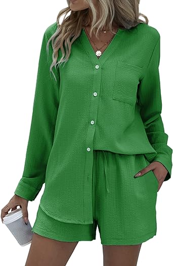 Photo 1 of Ekouaer Summer Outfits for Women 2 Piece Sets Lounge Sets V Neck Button Down Shirt and Shorts Loungewear with Pockets