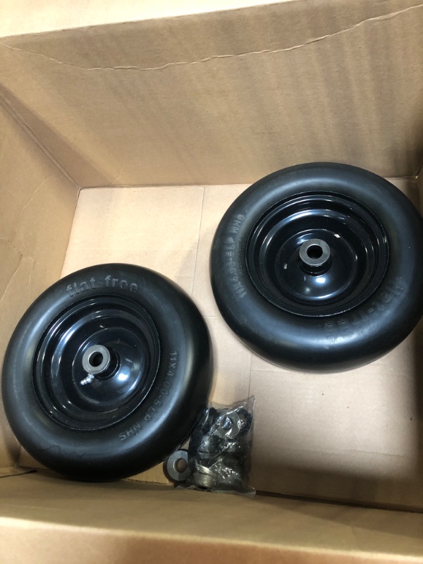 Photo 1 of 2 PCS 11x4.00-5" Flat Free Lawn Mower Tire on Wheel, 3/4" or 5/8" Bushing, 3.4"-4"-4.5-5" Centered Hub, Universal Fit Smooth Tread Tire for Zero Turn Lawn Mowers, with Universal Adapter Kit