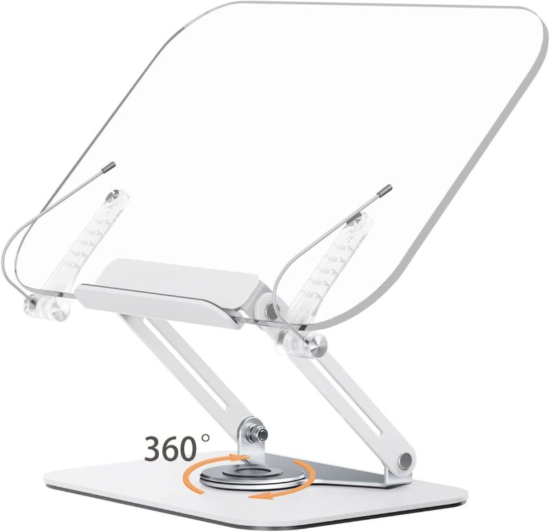 Photo 1 of Adjustable Book Stand for Reading, Foldable Large Acrylic Books Holder Tray with 360° Rotating Base and Page Paper Clips, Portable Desk Bookstand for Cookbook, Music Book, Tablet, Textbook, Document