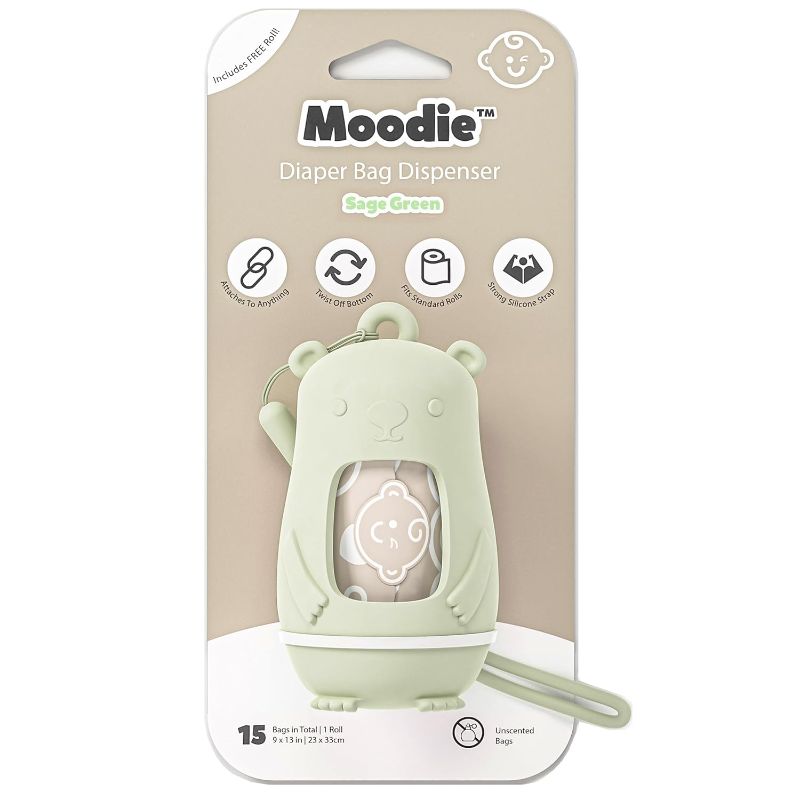 Photo 1 of NEW Moodie Teddy Bear Diaper Bag Dispenser | Diaper Bag on the Go Dispenser w/Silicon Strap |15 UNSCENTED Diaper Disposal Bags per Roll | Diaper bag essential items (SAGE GREEN)
