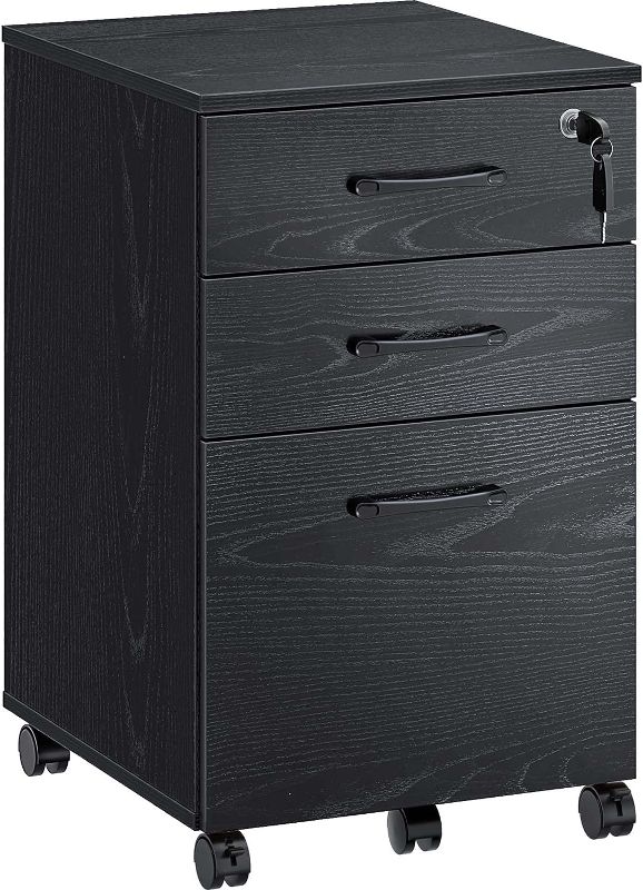 Photo 1 of Rolanstar File Cabinet 3 Drawers with 1 Lock, Rolling Mobile Filing Cabinet, Under Desk File Cabinet with 5 Wheels and Hanging File Folders, for Letter Sized Documents, Black