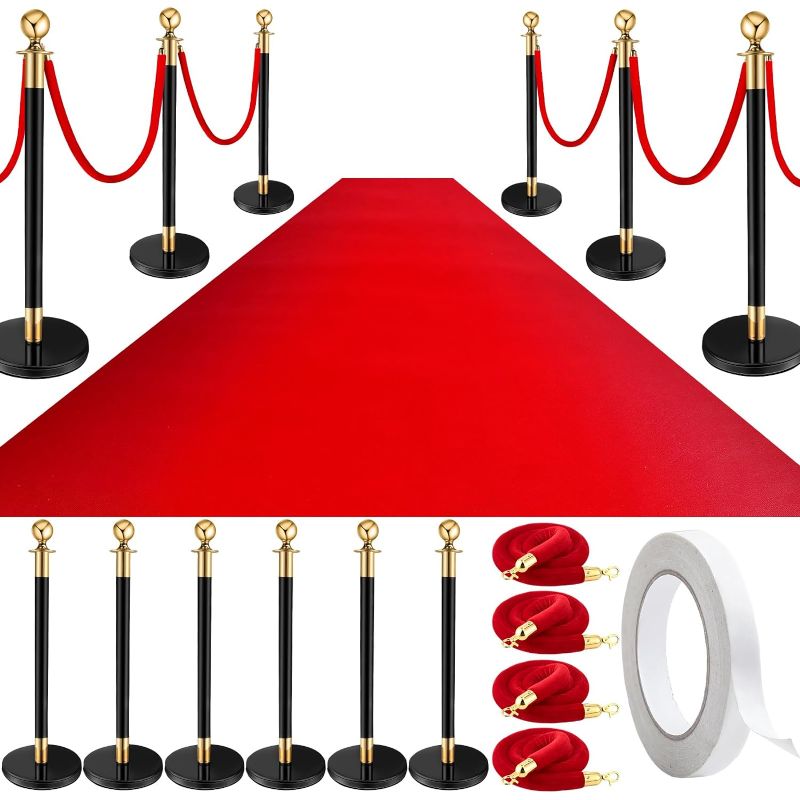 Photo 1 of 12 Pcs Stanchion Posts Queue Crowd Control Stanchion Velvet Ropes Carpet Set, 6 Pcs 38 Inch Stanchion Post Sand Injection Hollow Base 4 Pcs Rope 1Pc 2.6 x 26ft Carpet for Party Museum (Black and Gold)