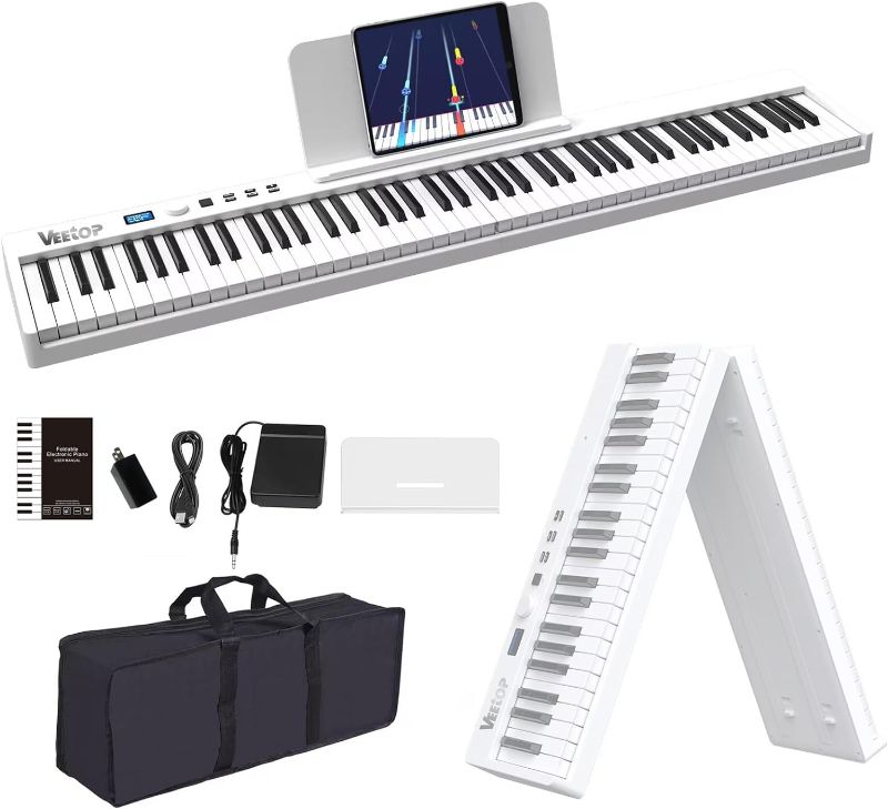 Photo 1 of Veetop 88 Key Keyboard Piano Folding Piano with Full Size, Electric Piano Wood Grain Touch Sensitive Keyboard with Bluetooth MIDI Portable Digital Piano for Beginners and Travel (White)
