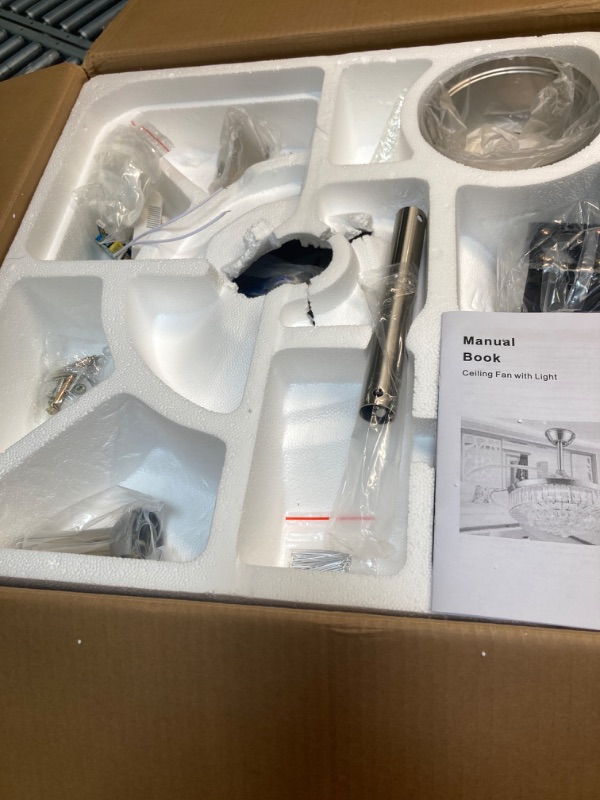 Photo 1 of ***NEEDS NEW SCREWS AND SOME GLASS BROKEN*** RuiWing 42'' Modern Fandelier Crystal Ceiling Fan with LED Light and Remote Control 3 Light Changes 3 Speeds Noise-Free Chandelier Ceiling Fan for Bedroom Indoor Living Room Silver Crystal