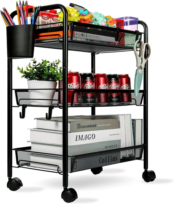 Photo 1 of 3 Tier All-Metal Rolling Cart, Trolley Craft Cart with Locking Wheels, Easy-Carry and Assembly Mesh Trolley Cart