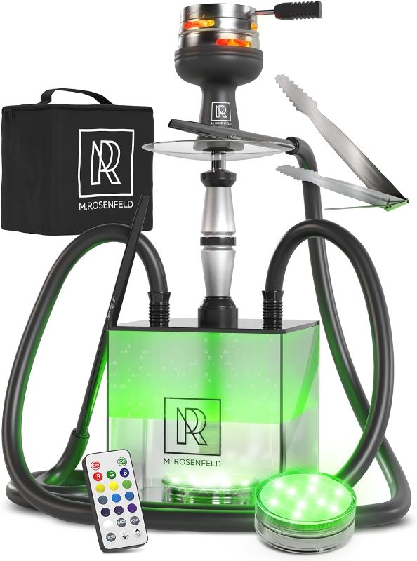 Photo 1 of ****DAMAGED//SOLD AS PARTS**** 
2 Hose Hookah Set with Travel Case - YADO Square Hookah To Go - Cube Acrylic Hookah with Big Silicone Bowl for Smoking Coal Tongs Amazing Led Light Remote for Better Shisha Narguile Smoking