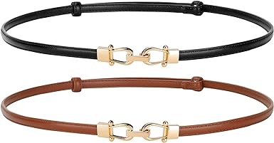 Photo 1 of JASGOOD Leather Skinny Women Belt Thin Waist Belts for Dresses up to 37 Inches with Golden Buckle 2 Pack