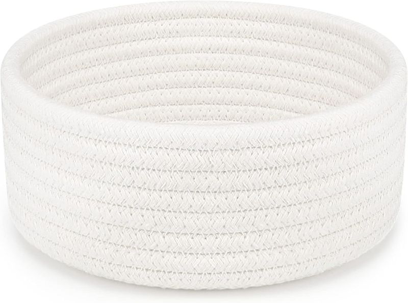 Photo 1 of ABenkle Small Woven Basket, Cotton Rope Shelf Storage Basket, Small Round Easter Basket, Cute Baby Basket, Decorative Round Bin for Nursery Bedroom Bathroom
