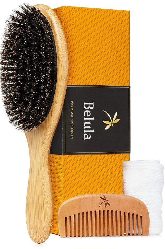 Photo 1 of Belula 100% Boar Bristle Hair Brush Set (Medium). Soft Natural Bristles for Thin and Fine Hair. Restore Shine And Texture. Wooden Comb, Travel Bag and Spa Headband Included!
