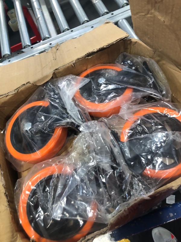 Photo 3 of Casters, 5" Caster Wheels?Casters Set of 8 Heavy Duty - ASRINIEY Orange Polyurethane Castors, Top Plate Swivel Wheels, 8-Pack Industrial Casters with Brake, Locking Casters for Furniture and Workbench 8 5? 8Pack