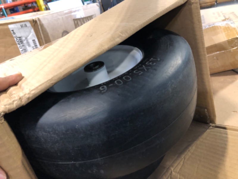 Photo 1 of 2 PCS Upgrade 13x5.00-6" Flat Free Lawn Mower Smooth Tire, Commercial Grade Lawn and Garden Mower Turf Replacement Solid Tire and Wheel with Steel Rim, 3/4" Grease Bushing and 3.25"-5.9" Centered Hub