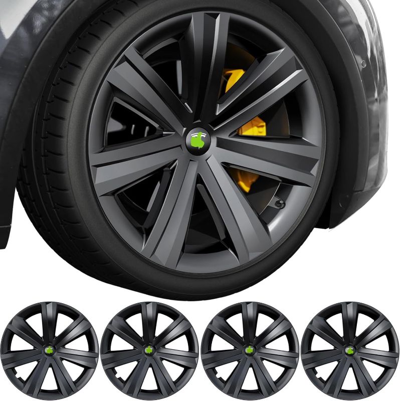 Photo 1 of POSWIS Tesla Model Y Wheel Covers 19 Inch Hubcaps Fit 2019-2023 Tesla Model Y Matte Black Tesla Model Y Rims Wheel Covers Replacement Accessories(4 Pack)