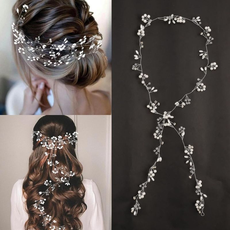 Photo 1 of  Gimsan Bride Silver Hair Vine Bridal Headband Long Pearl and Crystal Beads Bridal Hair Vine Head Pieces for Women and Girls Hair Jewelry Wedding Hair Accessories for Brides Bridesmaids Head Piece
Brand: Gimsan
