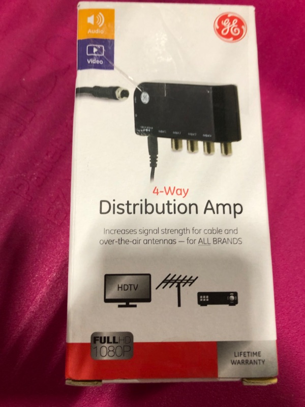 Photo 1 of GE 4-Way HD Digital TV Antenna Amplifier, Low Noise Antenna Signal Booster, Clears Up Pixelated Low-Strength Channels, Supports Multiple HD Smart TVs, AC Adapter, Black, 34479 4 Way Splitter