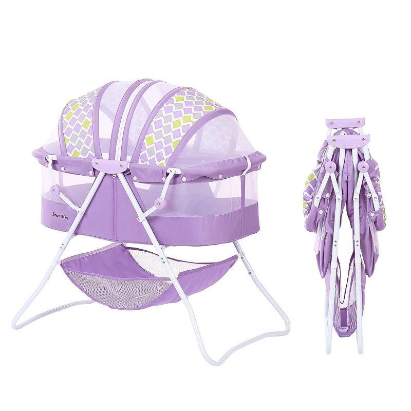 Photo 1 of Karley Bassinet in Periwinkle, Lightweight Portable Baby Bassinet, Quick Fold and Easy to Carry , Adjustable Double Canopy, Indoor and Outdoor Bassinet with Large Storage Basket