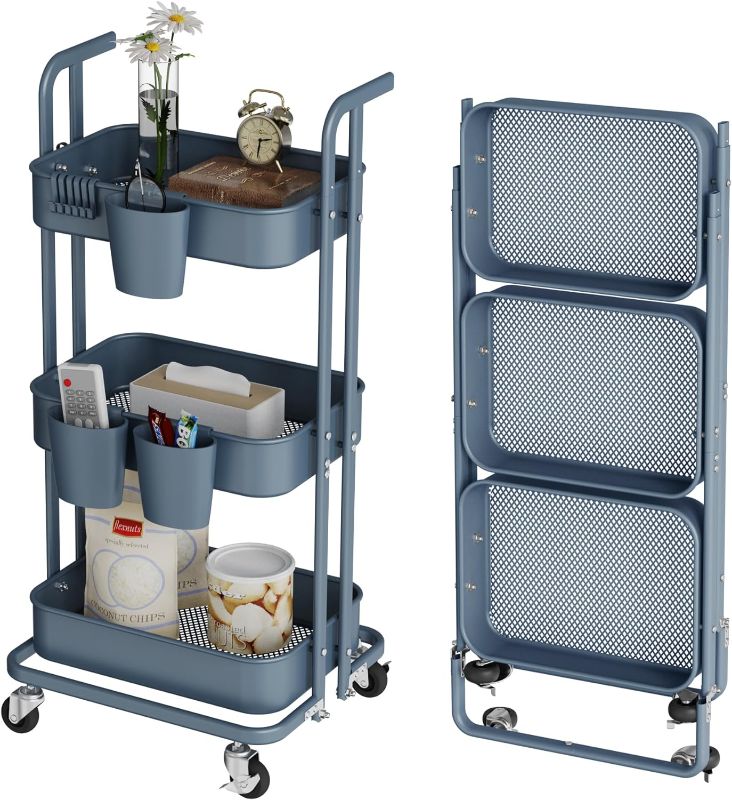 Photo 1 of DTK 3 Tier Foldable Rolling Cart, Metal Utility Cart with Lockable Wheels, Folding Storage Trolley for Living Room, Kitchen, Bathroom, Bedroom and Office, Blue
