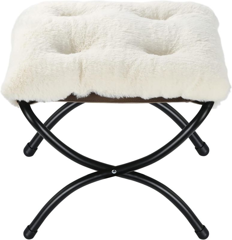 Photo 1 of 15" Folding Foot Stool, Small Accent Foot Rest, Faux Fur Elegant Foldable Ottoman with Metal Frame, Upholstered Morden Folding Footstool for Home Living Room Bedroom Washable Beige