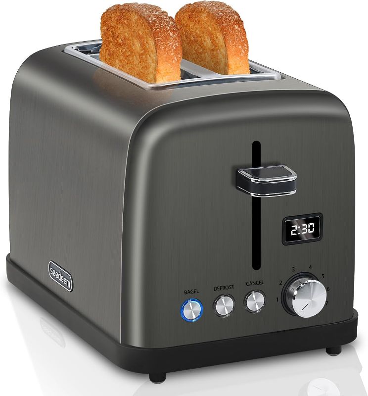 Photo 1 of **FOR PARTS**SEEDEEM Toaster 2 Slice, Stainless Steel Bread Toaster, LCD Display, 7 Shade Settings, 1.4'' Wide Slots, Digital Toaster for Bagel, Defrost, Reheat Functions, Removable Crumb Tray, 900W, Dark Metallic