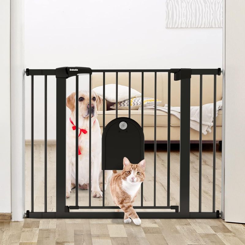 Photo 1 of Babelio Auto Close Baby Gate with Small Cat Door, 29-43" Metal Cat Gate for Doorway, Stairs, House, Easy Walk Thru Dog Gate with pet Door, Includes 4 Wall Cups and 3 Extension Pieces, Black