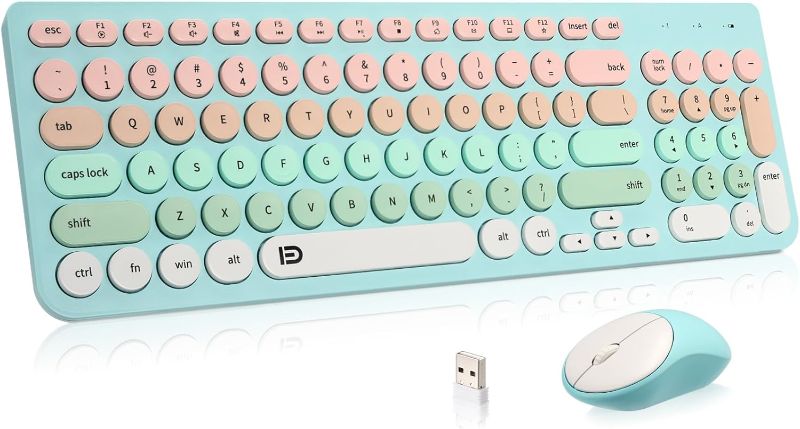 Photo 1 of Wireless Keyboard and Mouse Combo, Retro Typewriter Keyboard with Round Keycaps, 2.4GHz Full-Size Quiet Cute Mouse for Desktop, Laptop and Computer (Pink Blue)