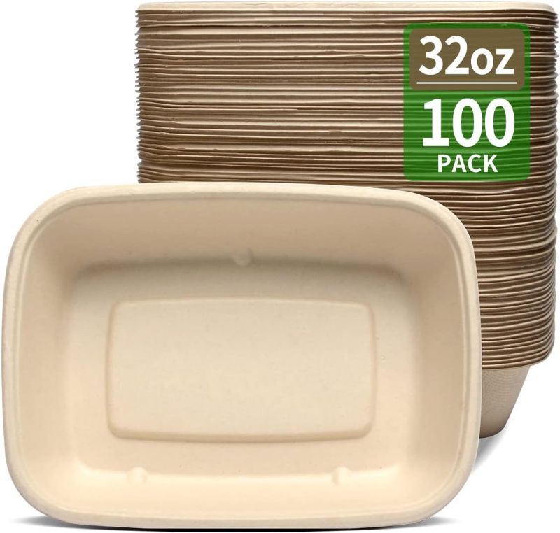 Photo 1 of 100 Pack 32 oz Large Rectangle Paper Bowls for Taco Salad, Burrito, Nacho, Pasta, Baked Potatos, Compostable 32oz Disposable Bowls for Party