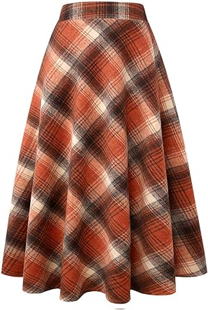 Photo 1 of IDEALSANXUN Womens Plaid Wool Skirts Elastic Waist A-Line Pleated Tartan Long Skirts Medium Long Orange