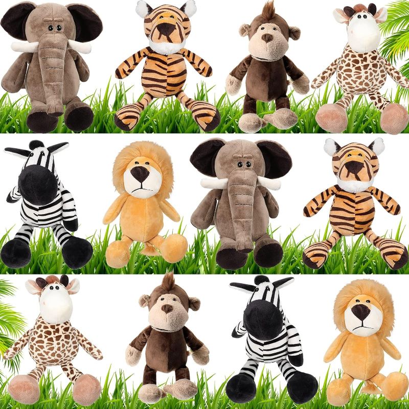Photo 1 of 12 Pieces Safari Stuffed Animals 11.8 Inch Jungle Animal Toys Set Boys Girls Plush Forest Animals Lion Elephant Zebra Giraffe Tiger Monkey for Zoo Animal Party Teacher Student Award (Cute Style)