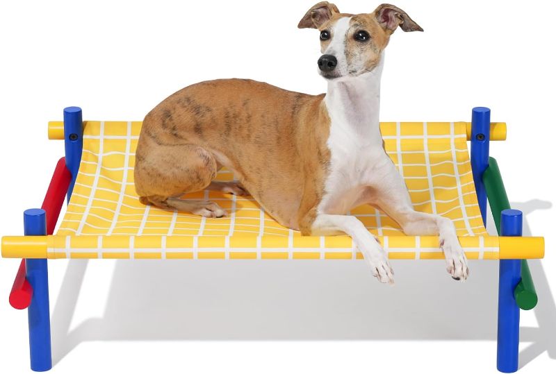 Photo 1 of **SOLD AS PARTS*** 
VETRESKA Elevated Raised Cooling Cots Dog Bed - Portable Indoor Outdoor Pet Hammock Bed with Skid-Resistant Feet, Durable & Breathable Dog Sofa Bed with Multi-Colored Beechwood Frame, Yellow