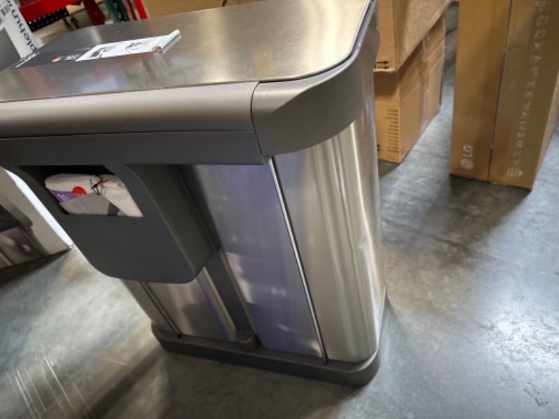 Photo 7 of ***** MAJOR DAMAGED*****
 58 Liter / 15.3 Gallon Rectangular Hands-Free Dual Compartment Recycling Kitchen Step Trash Can with Soft-Close Lid, Brushed Stainless Steel Brushed Stainless Steel 58 Liter Rectangular Recycler Trash Can