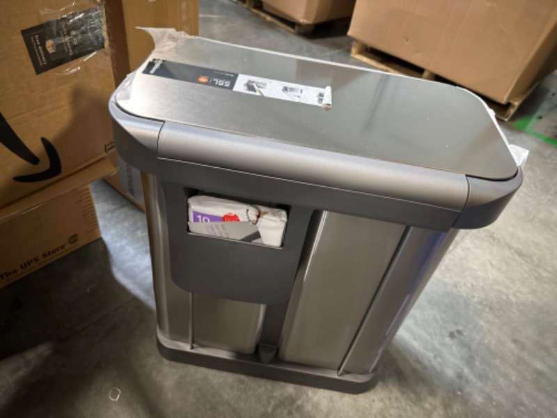 Photo 3 of ***** MAJOR DAMAGED*****
 58 Liter / 15.3 Gallon Rectangular Hands-Free Dual Compartment Recycling Kitchen Step Trash Can with Soft-Close Lid, Brushed Stainless Steel Brushed Stainless Steel 58 Liter Rectangular Recycler Trash Can