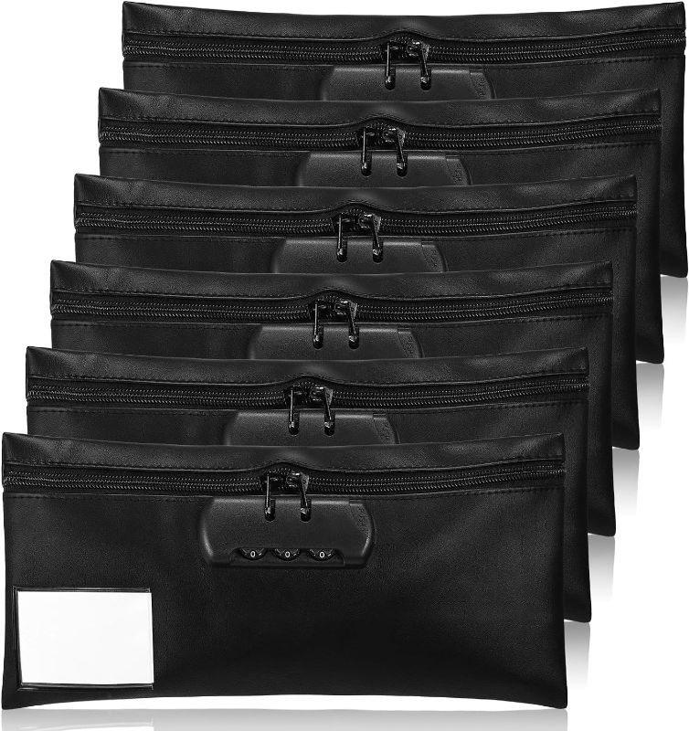 Photo 1 of 6 Pcs Money Bag with Lock 11 x 5.5 Inches Black Locking with Clear Window Pouch Lockable Bag PU Locking Storage Zipper Cash Bag Closure for Storing Coins Documents Checks