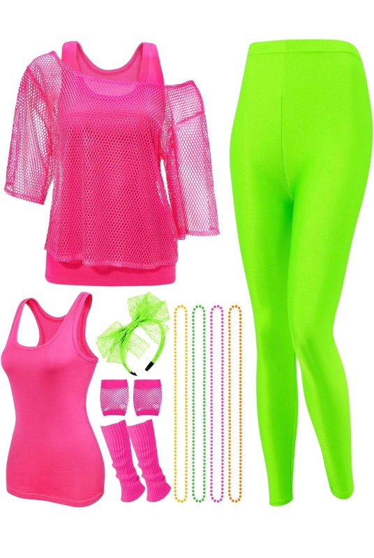 Xintorch 80s Outfit Women Costume Accessories Set Fishnet Neon Off Shoulder T-Shirt Lace Headband Fishnet For 80's Party