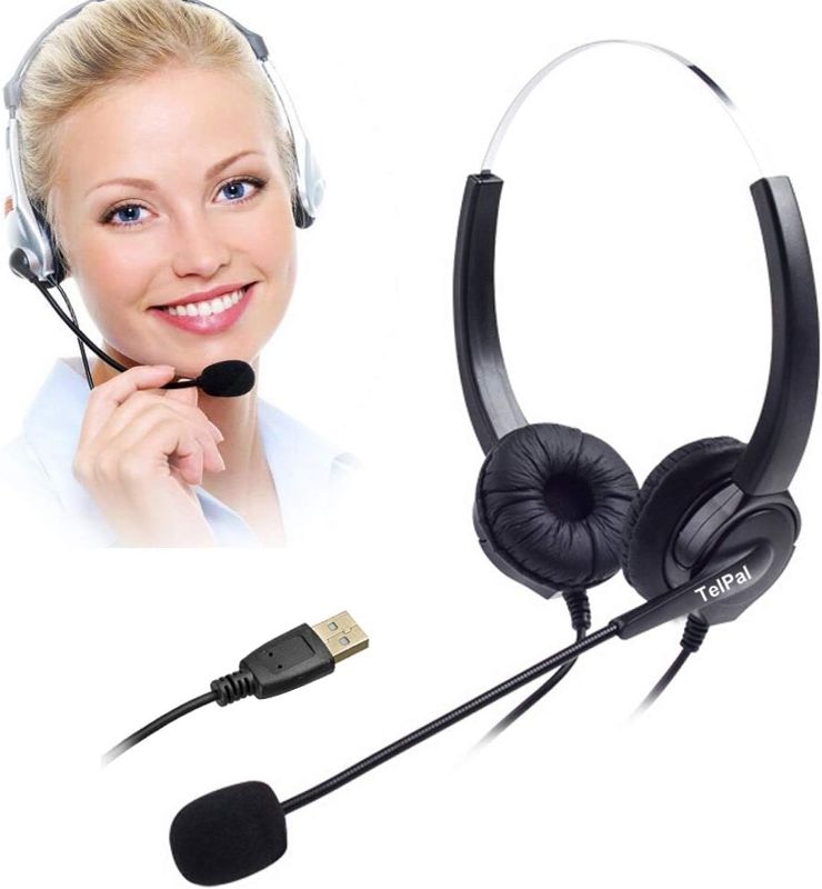 Photo 1 of TelPal USB Computer Headset Hands Free Call Center Noise Cancelling Corded Binaural Headset Headphone with Mic Microphone, Volume Adjustable