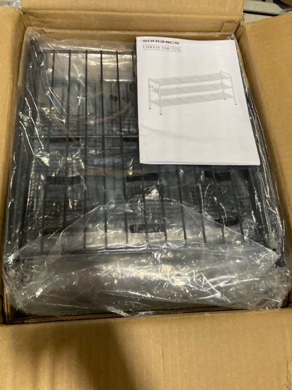 Photo 1 of SONGMICS Shoe Rack, 3-Tier Shoe Organizer, Metal Shoe Shelf Storage with 4 Side Hooks, Holds 15 Pairs of Shoes, Height-Adjustable Shoe Rack for Entryway, Hallway, Closet, Easy Assembly, Ink Black 3 Tier (11 x 33.5 x 20.8 Inches) Ink Black