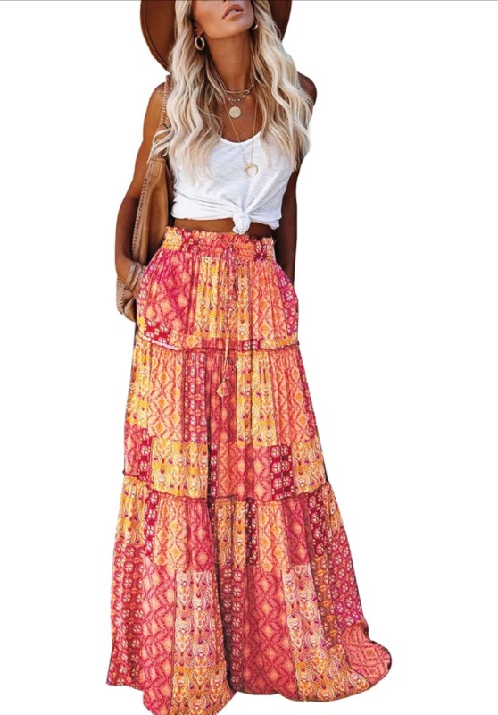 Photo 1 of EARKOHA Womens Casual High Waist Tiered Paisley Print Long Maxi Skirt with Pockets